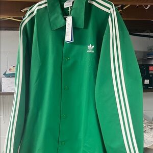 Adidas Green Button-Up Jacket with White Stripes